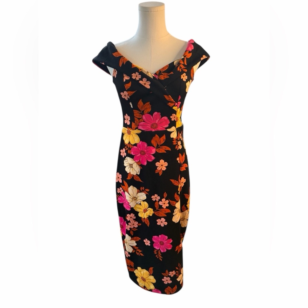 Premier Amour Floral Off Shoulder Sheath Dress Size 4 Retro Mod Wiggle
